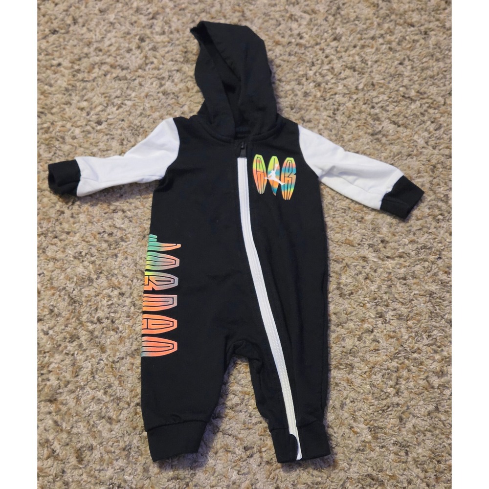 Nike Jordan Long-Sleeve One Piece Romper Baby Size 0-3 Months Black White Neon